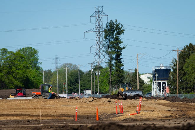 Construction on the $11 billion Amazon data center campus is seen on land between Walnut and Larrison streets and north of Early Road east of New Carlisle on April 30, 2024.